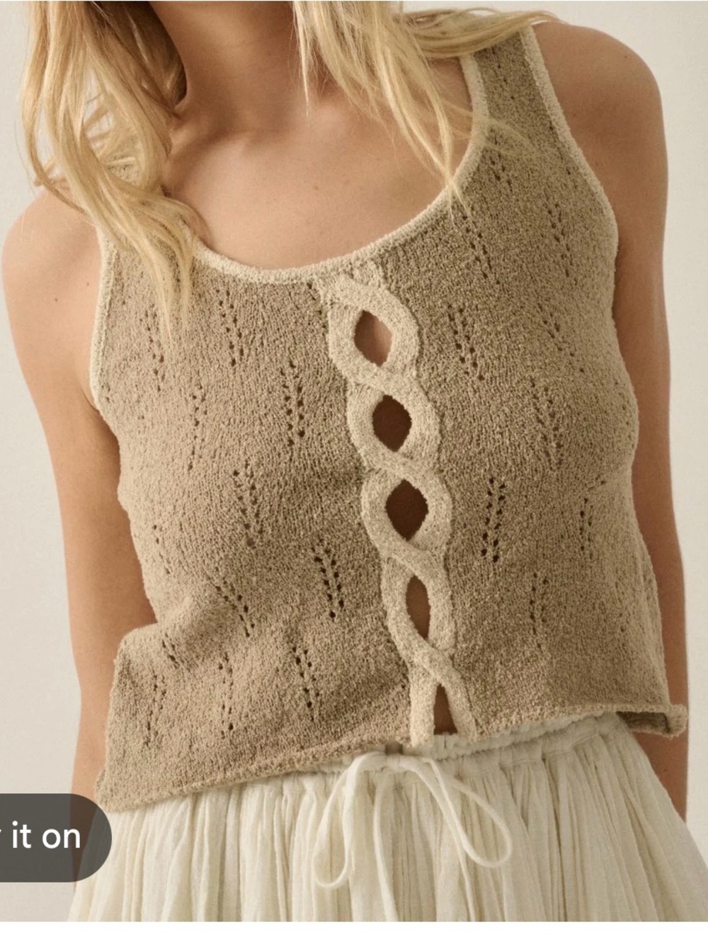 Promesa Taupe Openwork Knit Tank with Twisted Center